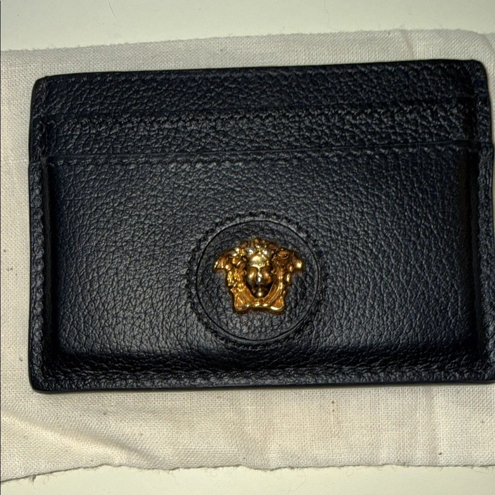 Versace Black Leather Card Holder with Gold Medallion Accent